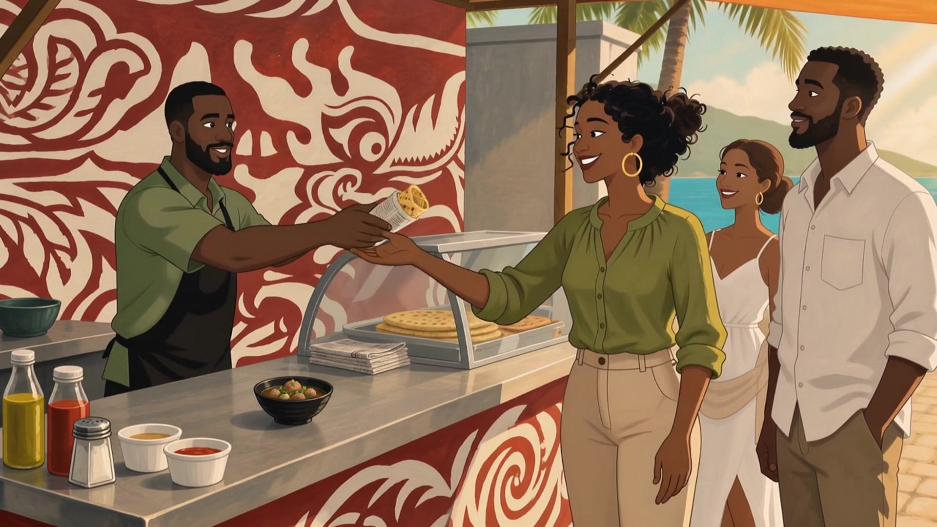 An illustrated Port-Louis street-food scene with a guide and visitors